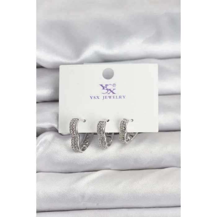 BUĞZ Gümüş Renk Pirinç Zirkon Taşlı Kalpli Kadın Küpe