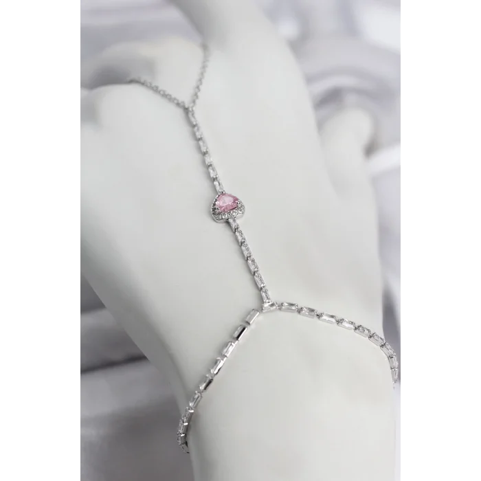 BUĞZ Gümüş Renk Pirinç Zirkon Taşlı Pembe Kalp Model Şahmeran