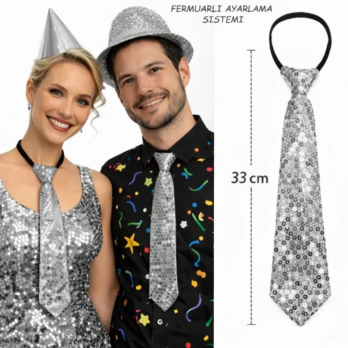 BUĞZ Gümüş Renk Pul Payetli Işıltılı Parti Kravatı 33 cm