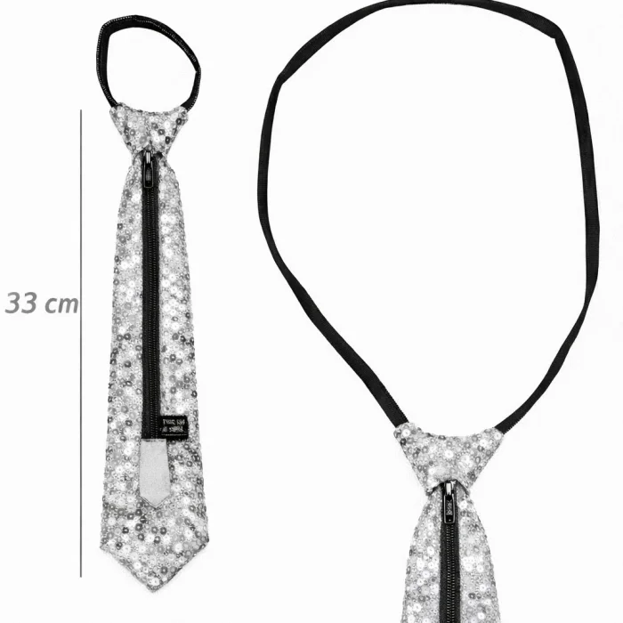 BUĞZ Gümüş Renk Pul Payetli Işıltılı Parti Kravatı 33 Cm - BUĞZ