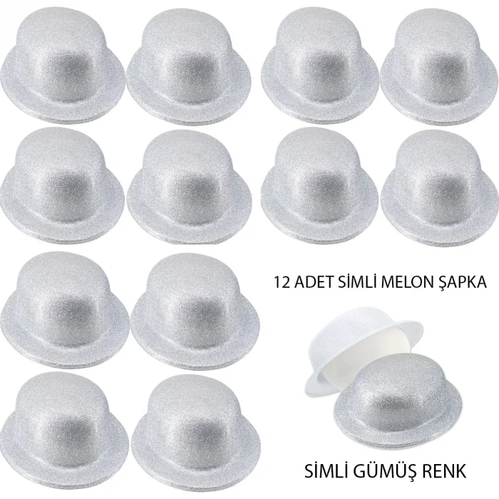 BUĞZ Gümüş Renk Simli Melon Yuvarlak Parti Şapkası 12 Adet