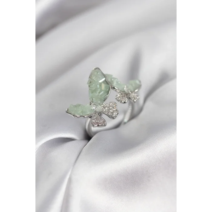 BUĞZ Gümüş Renk Su Yeşili Kelebek Model Zirkon Taşlı Kadın Yüzük