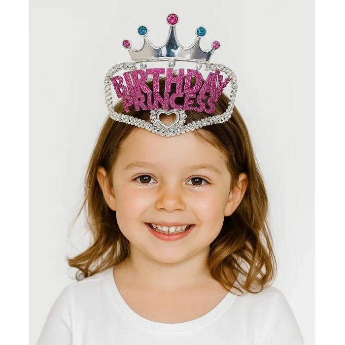 BUĞZ Gümüş Renk Taç Üzeri Pembe Birthday Prenses Yazılı Çocuk Parti Tacı 11X12 cm