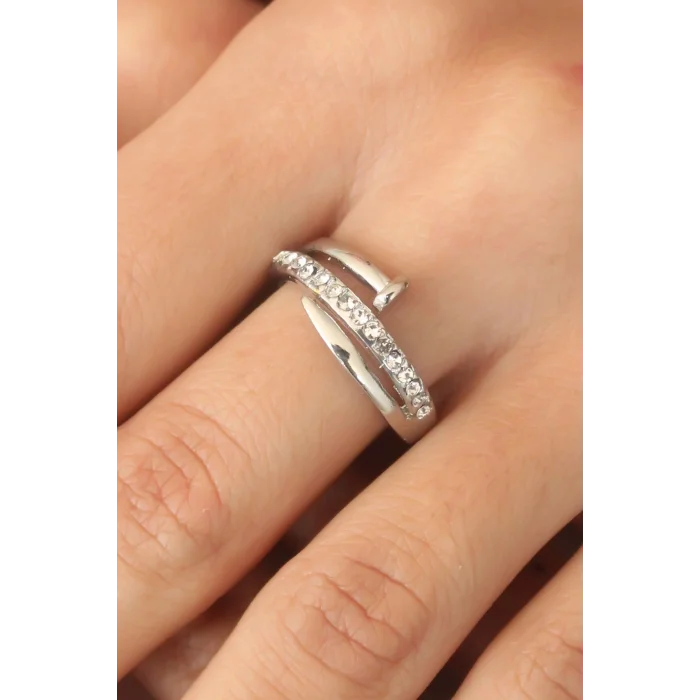 BUĞZ Gümüş Renk Taşlı Çivi Ayarlanabilir Kadın Yüzük