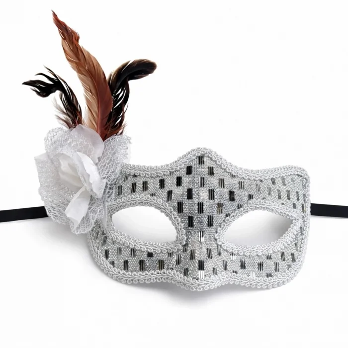 BUĞZ Gümüş Renk Tüylü Balo Maskesi Kadın Parti Aksesuarı