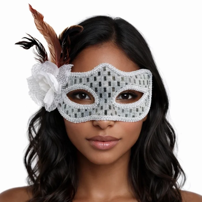 BUĞZ Gümüş Renk Tüylü Balo Maskesi Kadın Parti Aksesuarı