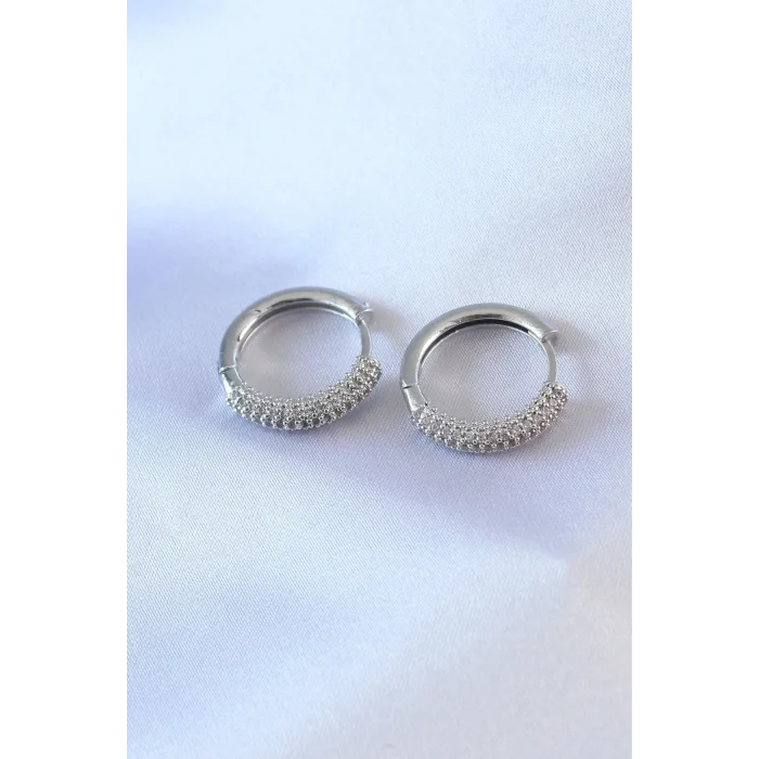 BUĞZ Gümüş Renk Zirkon Taşlı Halka Model Pirinç Kadın Küpe