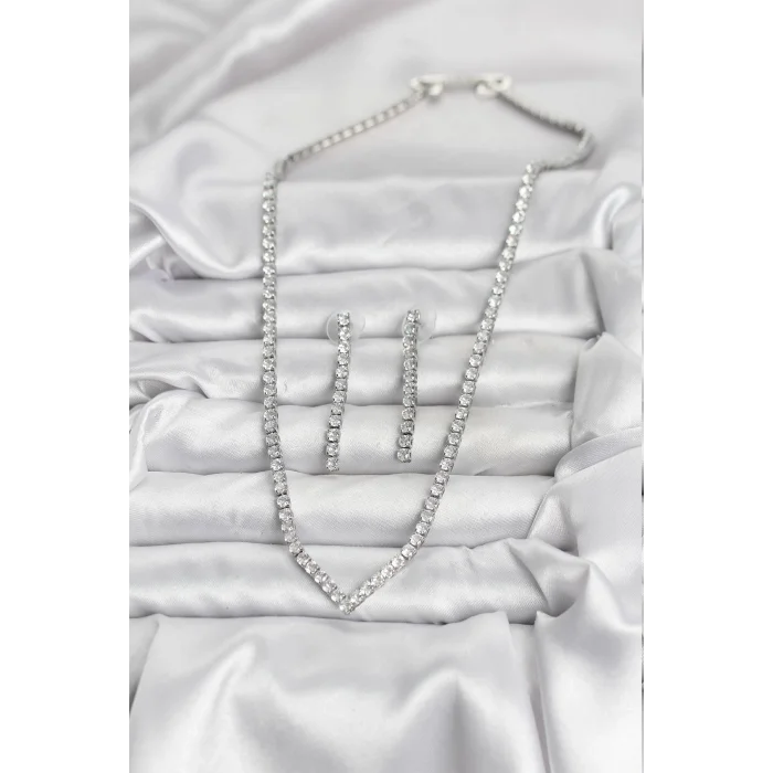 BUĞZ Gümüş Renk Zirkon Taşlı Kadın Kolye Küpe Seti