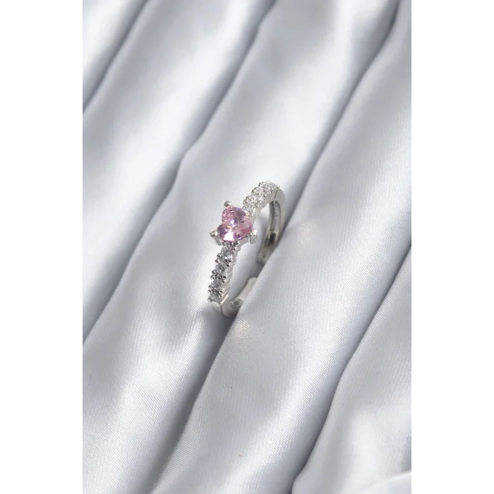 BUĞZ Gümüş Renk Zirkon Taşlı Pembe Kristal Kalp Model Kadın Yüzük