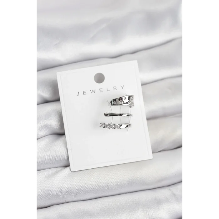 BUĞZ Gümüş Renk Zirkon Taşlı Pirinç Kıkırdak Küpe