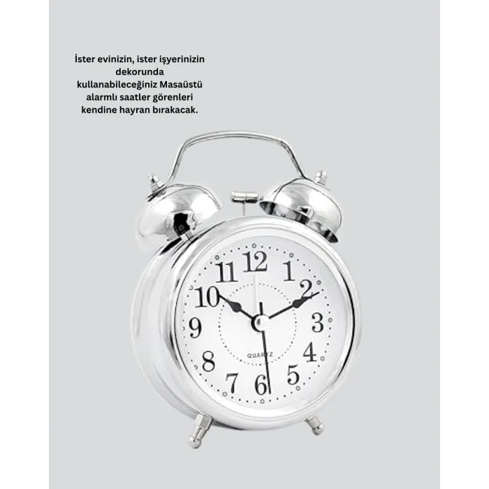 BUĞZ Gümüş Renkli Sessiz Işıklı Dekoratif Masa Üstü Çalar Saat Alarmlı