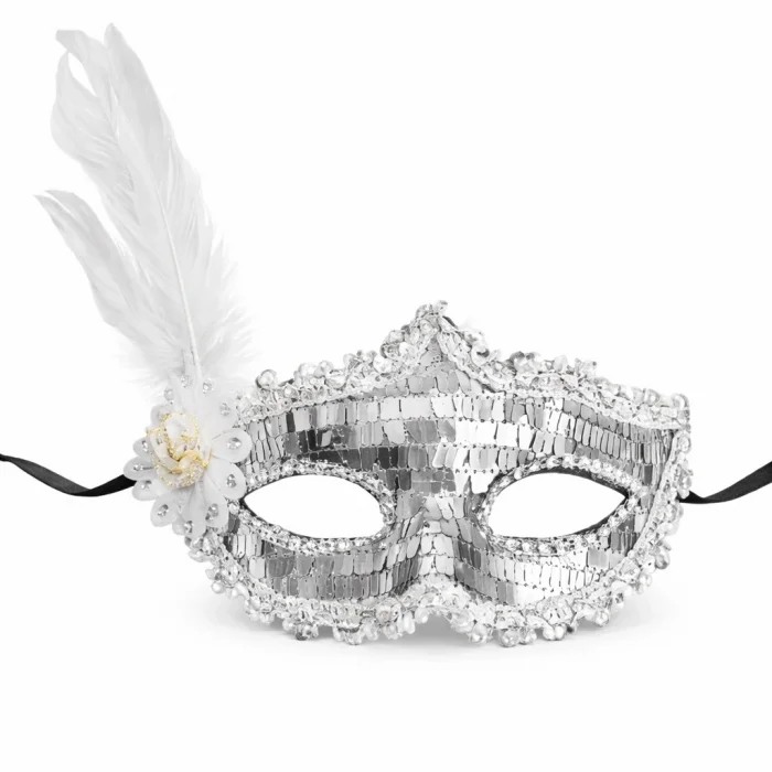 BUĞZ Gümüş Tüylü Payetli Lüks Taşlı Parti Maskesi