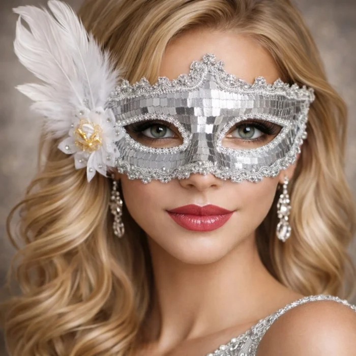 BUĞZ Gümüş Tüylü Payetli Lüks Taşlı Parti Maskesi