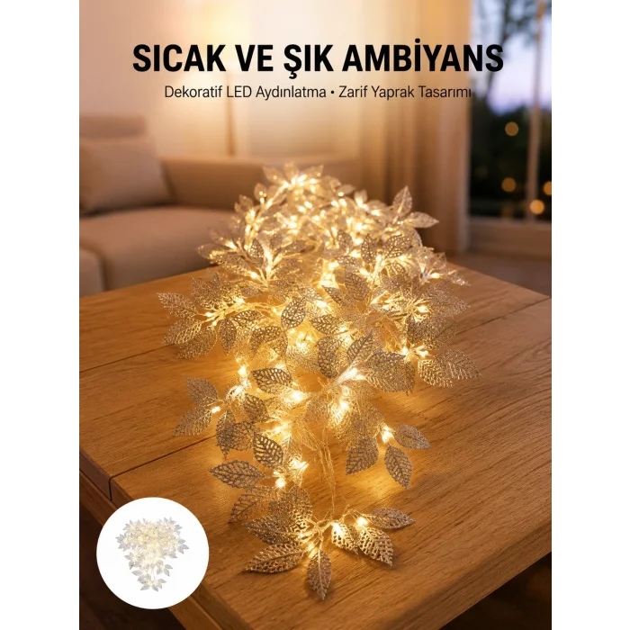 BUĞZ Gümüş Yaprak Tasarımlı LED Işık Pilli Ev ve Vitrin Dekoru