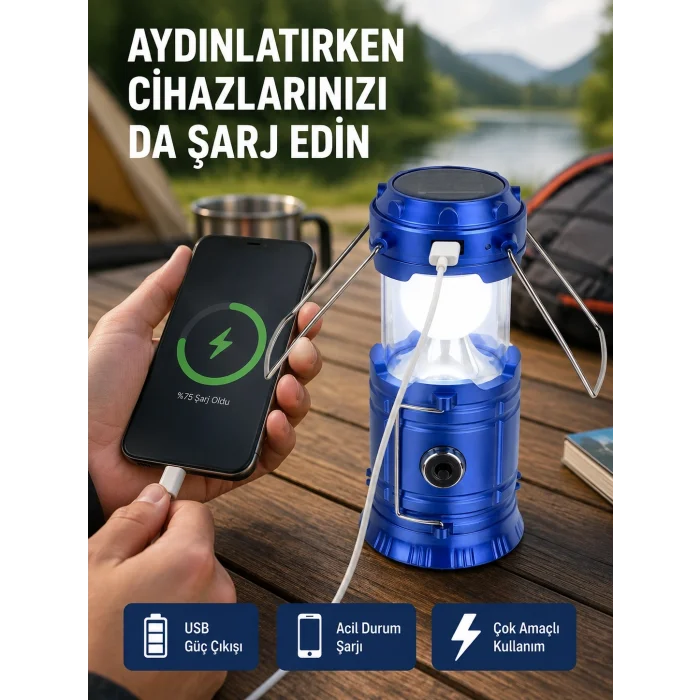 BUĞZ Güneş Enerjili Katlanabilir Kamp Feneri – USB Şarjlı, Hafif ve Çok Fonksiyonlu