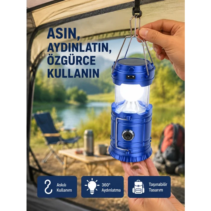 BUĞZ Güneş Enerjili Katlanabilir Kızaklı Kamp Feneri – USB Şarjlı, Çok Yönlü ve Dayanıklı Tasarım