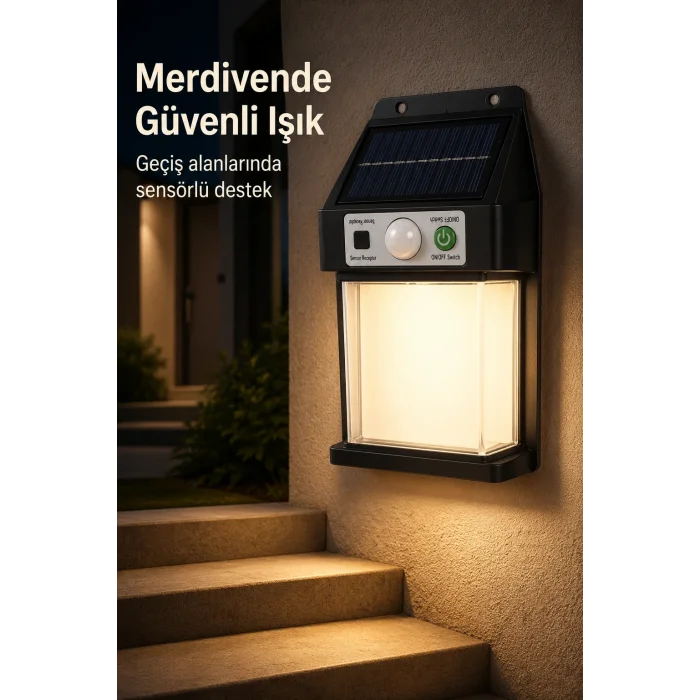 BUĞZ Güneş Enerjili Sensörlü Solar Aplik Dış Mekan Kapı Bahçe Balkon Garaj Duvar Işığı