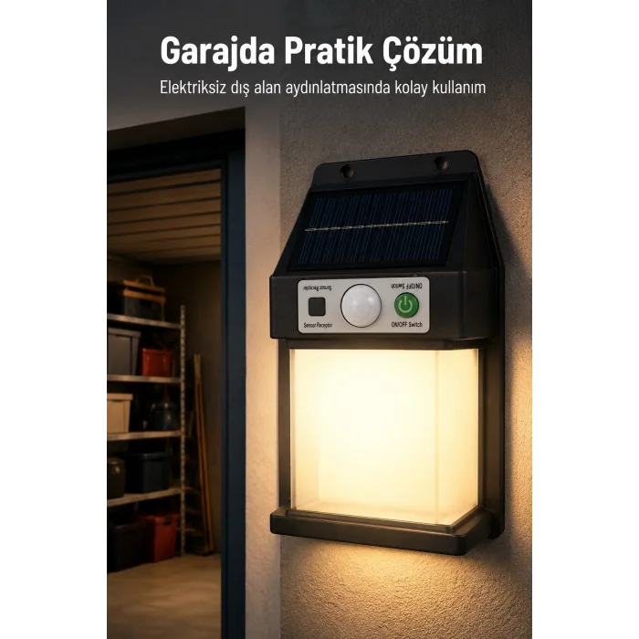 BUĞZ Güneş Enerjili Sensörlü Solar Aplik Dış Mekan Kapı Bahçe Balkon Garaj Duvar Işığı