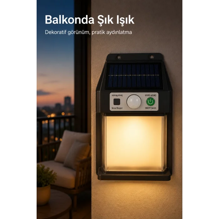 BUĞZ Güneş Enerjili Sensörlü Solar Aplik Dış Mekan Kapı Bahçe Balkon Garaj Duvar Işığı