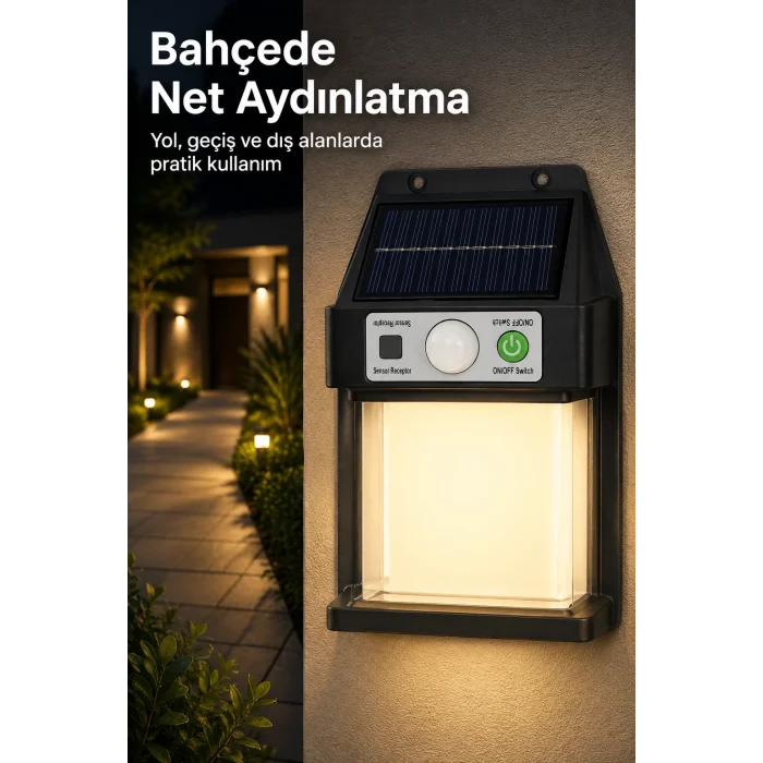 BUĞZ Güneş Enerjili Sensörlü Solar Aplik Dış Mekan Kapı Bahçe Balkon Garaj Duvar Işığı