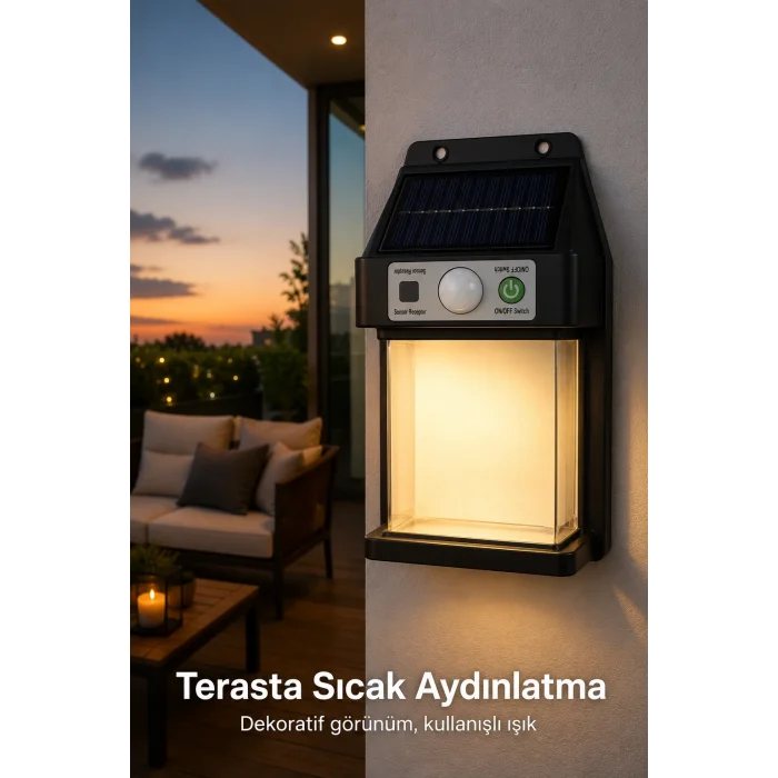 BUĞZ Güneş Enerjili Sensörlü Solar Aplik Dış Mekan Kapı Bahçe Teras Duvar Aydınlatma
