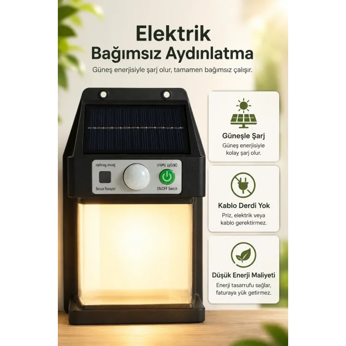 BUĞZ Güneş Enerjili Sensörlü Solar Aplik Duvar Tipi Dış Mekan Bahçe Balkon Işığı