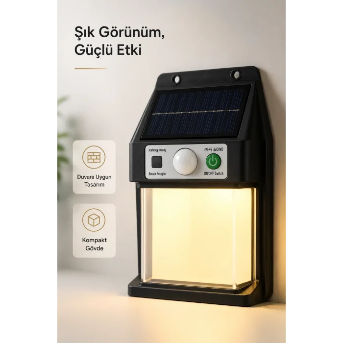BUĞZ Güneş Enerjili Sensörlü Solar Aplik Duvar Tipi Dış Mekan Bahçe Balkon Işığı