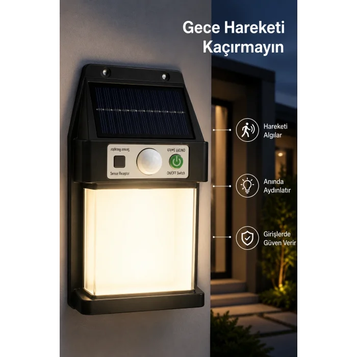 BUĞZ Güneş Enerjili Sensörlü Solar Aplik Duvar Tipi Dış Mekan Bahçe Balkon Işığı