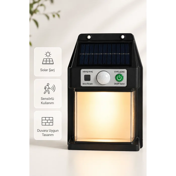 BUĞZ Güneş Enerjili Sensörlü Solar Aplik Duvar Tipi Dış Mekan Hareket Algılamalı Işık