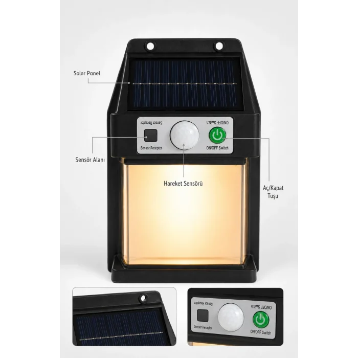 BUĞZ Güneş Enerjili Sensörlü Solar Aplik Duvar Tipi Dış Mekan Hareket Algılamalı Işık