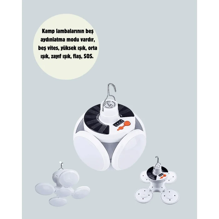 BUĞZ Güneş Paneliyle Şarj Olan Katlanabilir LED Çadır Lambası – 5 Kademeli Aydınlatma