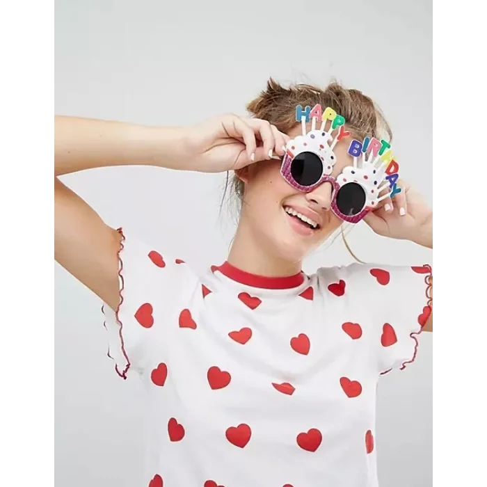  Happy Birthday Yazılı Beyaz Fuşya Renk Parti Gözlüğü 12x7 cm