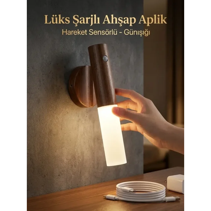 BUĞZ Hareket Sensörlü Kablosuz LED Aplik Şarjlı Ahşap Renk Günışığı Duvar Lüks Lambası