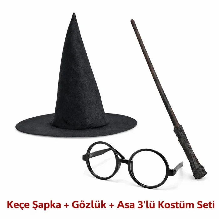 BUĞZ Harry Potter Tarzı Çocuk Seti (Siyah Keçe Şapka, Asa, Gözlük)