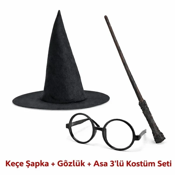 BUĞZ Harry Potter Tarzı Çocuk Seti (siyah Keçe Şapka, Asa, Gözlük)