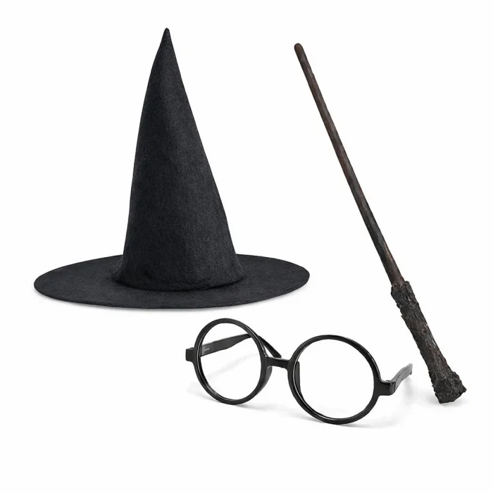 BUĞZ Harry Potter Tarzı Çocuk Seti (Siyah Keçe Şapka, Asa, Gözlük)