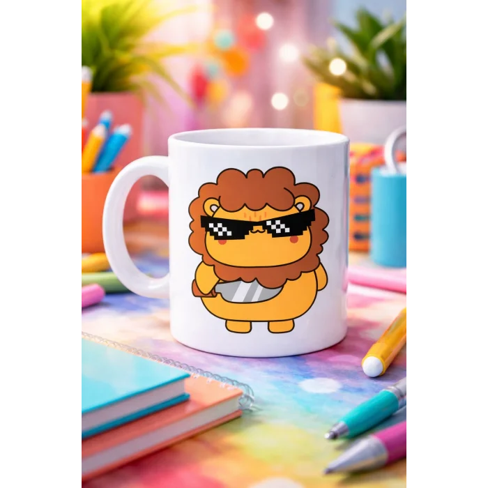 BUĞZ Havalı Aslan Figürlü Porselen Kupa MODEL 94 – Eğlenceli Tasarım Ofis & Ev İçin Özel Kupa