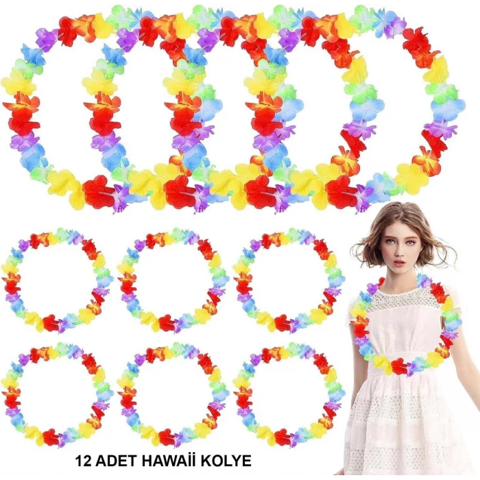 BUĞZ Hawaii Çiçekli Boyun Kolyesi - Renkli Tropikal Parti Leisi 12 Adet