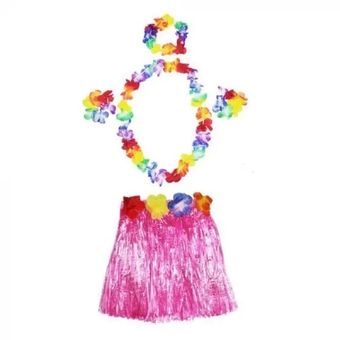  Hawaii  Kolye Etek Taç ve Bileklik Seti Pembe