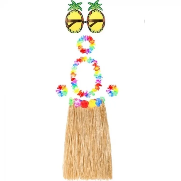  Hawaii Parti Kostüm Seti - 60 cm Hasır Etek, Çiçekli Aksesuarlar ve Ananas Gözlük