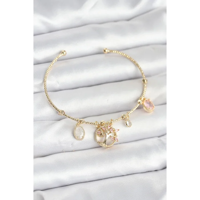 BUĞZ Hayat Ağacı Charmlı Gold Renk Pirinç Kadın Bileklik