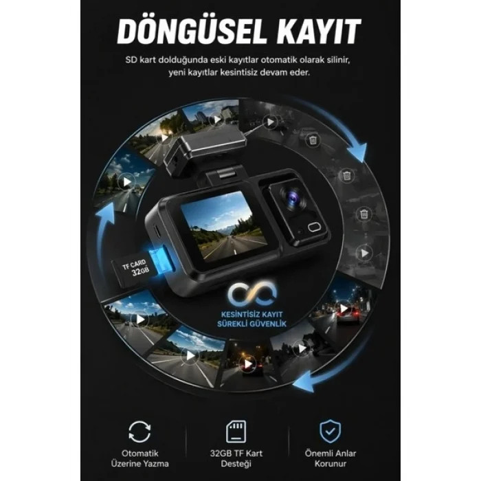 BUĞZ HD 3 Kameralı Araç Kamerası Ön Arka İç Kayıt Gece Görüşlü G Sensörlü Geniş Açılı