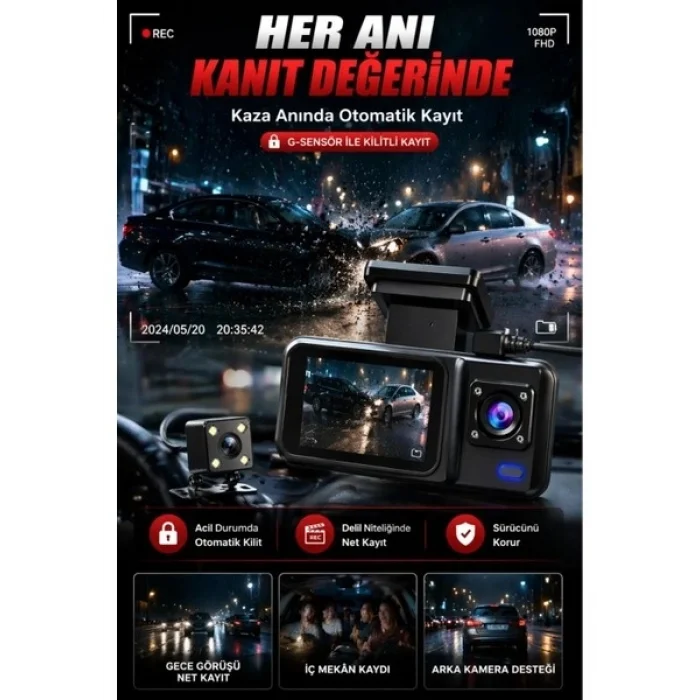 BUĞZ HD 3 Kameralı Araç Kamerası Ön Arka İç Kayıt Gece Görüşlü G Sensörlü Geniş Açılı