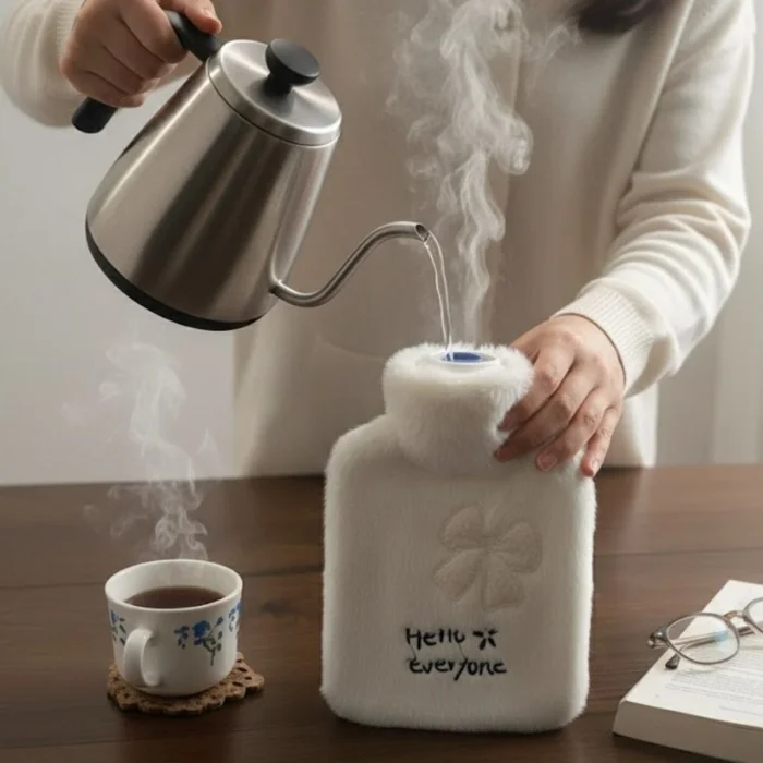 BUĞZ Hello Everyone Yazılı Kurdeleli Beyaz Peluş Sıcak Su Torbası 1 Lt – Yumuşak Kılıf, Uzun Süre Sıcak Tutan Termal Su Torbası