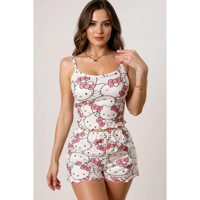 BUĞZ Hello Kitty Baskılı Askılı Şortlu Pijama Takımı