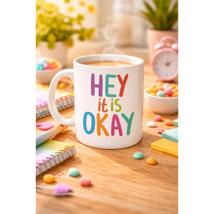 BUĞZ Hey It Is Okay Motivasyon Kupası MODEL 137 – Renkli Tasarım Porselen Kupa – Moral Veren, Pozitif Mesajlı Kahve & Çay Kupası
