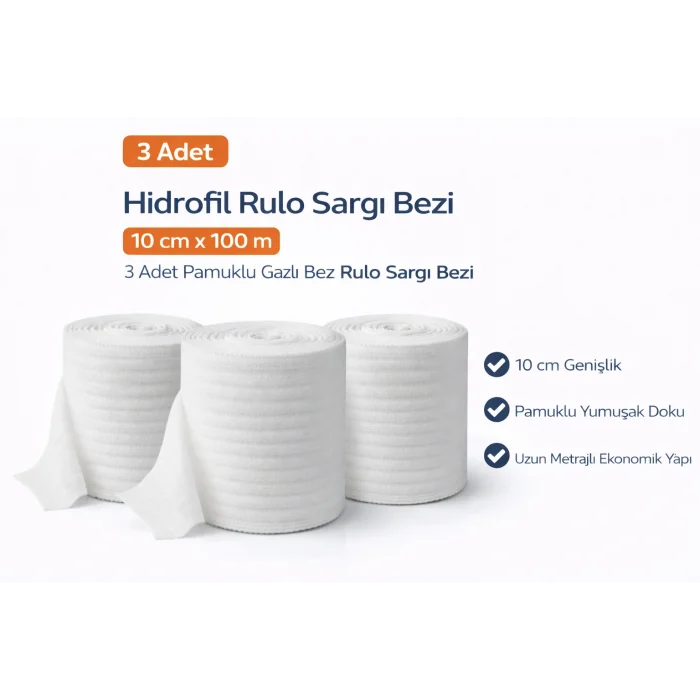 BUĞZ Hidrofil Rulo Sargı Bezi 10 cm x 100 m 3 Adet Pamuklu Gazlı Bez Rulo Sargı Bezi