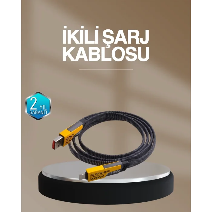  Hızlı Şarj Destekli 65W Örgülü USB-C ve USB-A Çoklu Şarj Kablosu