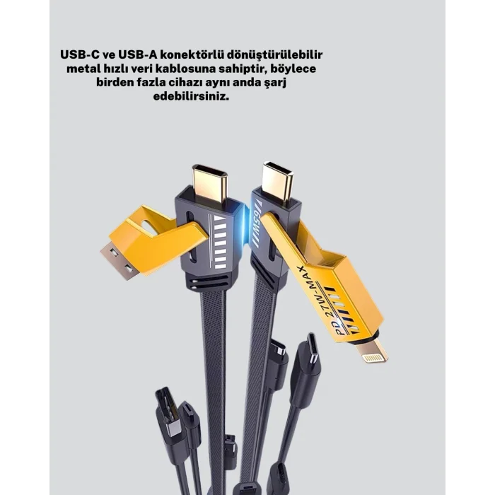  Hızlı Şarj Destekli 65W Örgülü USB-C ve USB-A Çoklu Şarj Kablosu
