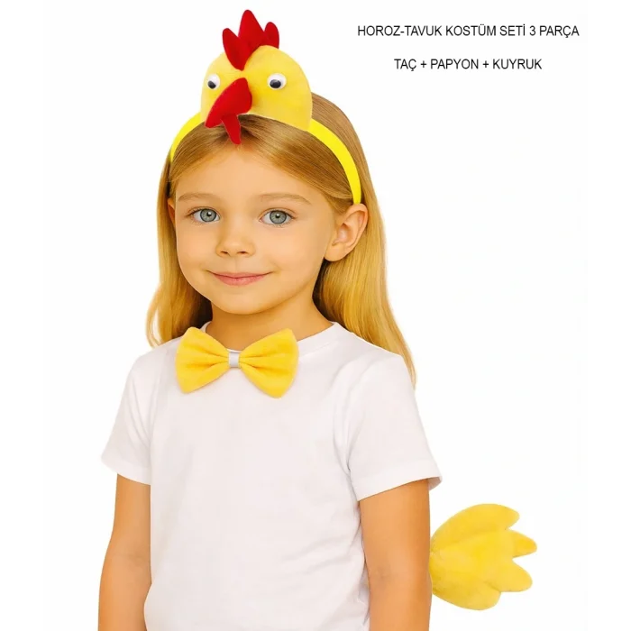 BUĞZ Horoz – Tavuk Kostüm Aksesuar Seti - Taç Papyon Kuyruk